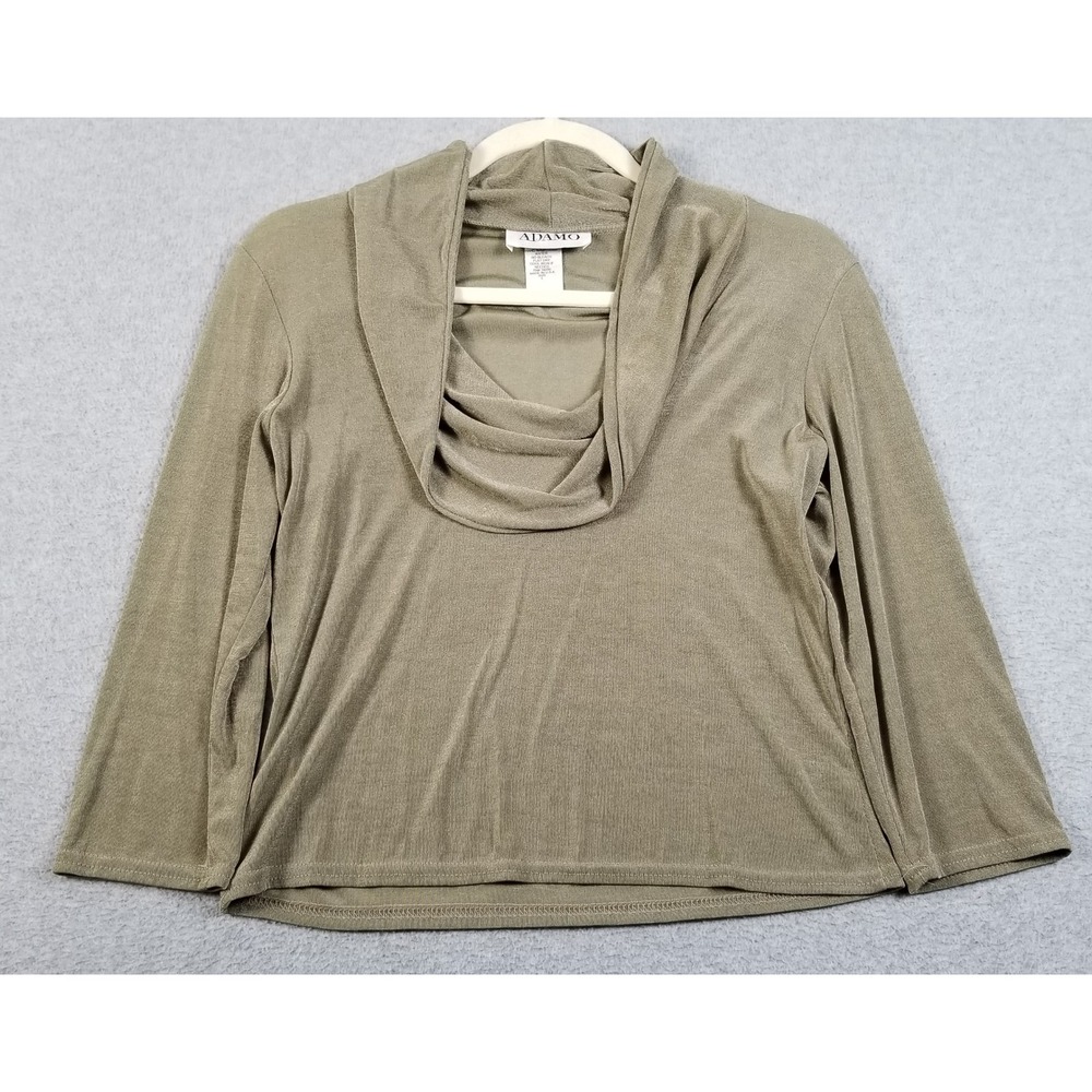 ADAMO Cowl Neck Top Womens L Large Olive Green 3/4 Sleeve Slinky Knit Blouse
